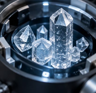 Crystals forming inside a contained microgravity experiment chamber