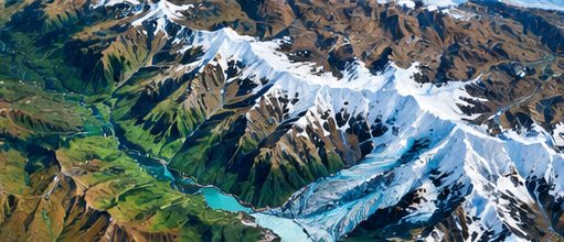 Multispectral satellite view of a snow-capped mountain range